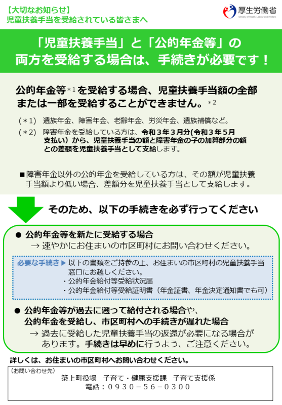 「児童扶養手当」と「公的年金等」の両方を受給する場合は、手続きが必要です